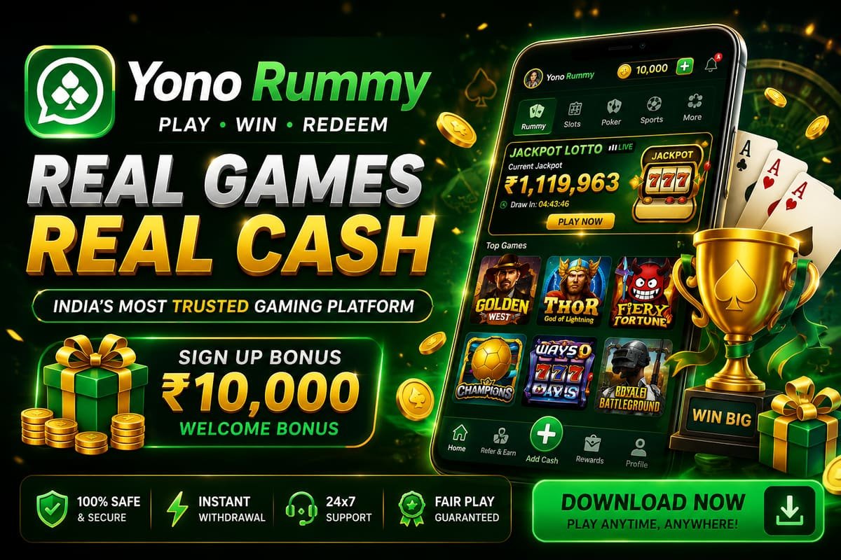 YonoRummy Game official banner — real games, real cash, download the latest YonoRummy APK and claim a ₹10,000 welcome bonus