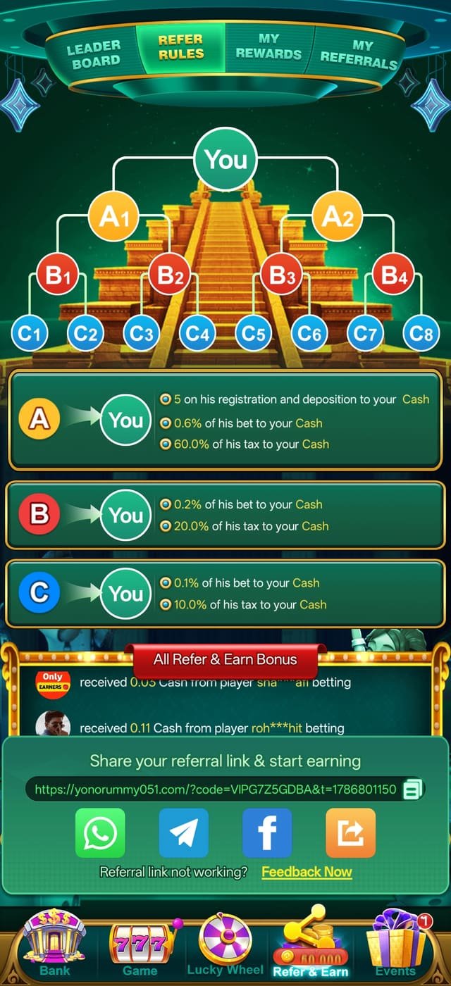 YonoRummy Game app refer and earn programme with referral tree