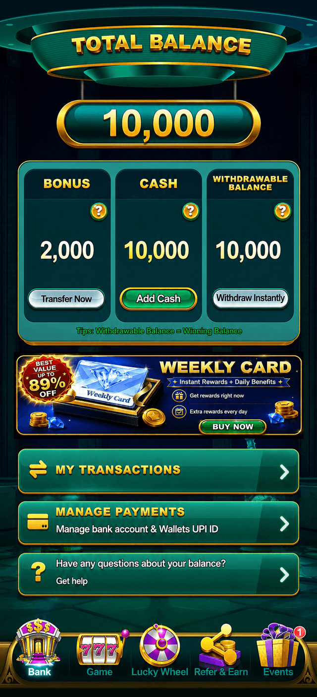 YonoRummy Game app wallet showing balance and UPI payment management