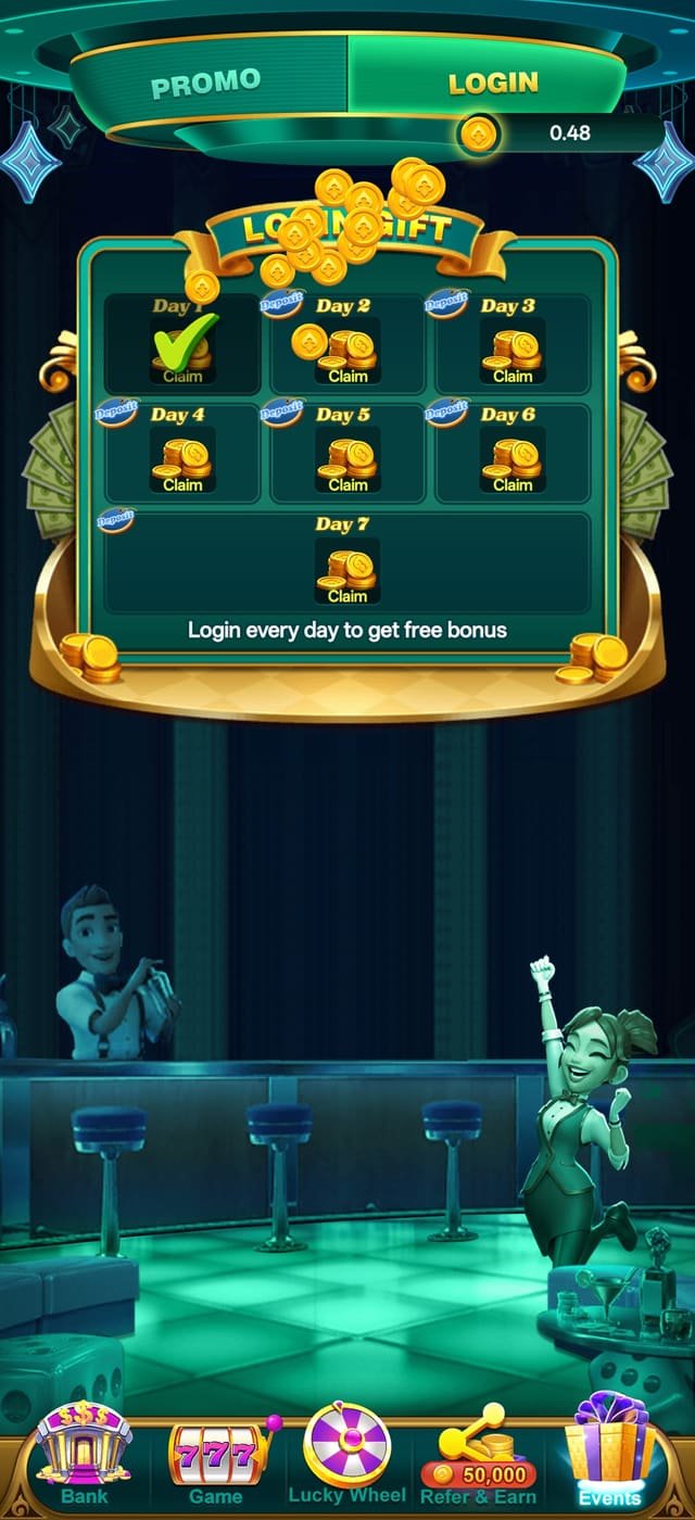 YonoRummy Game app seven-day daily login bonus calendar
