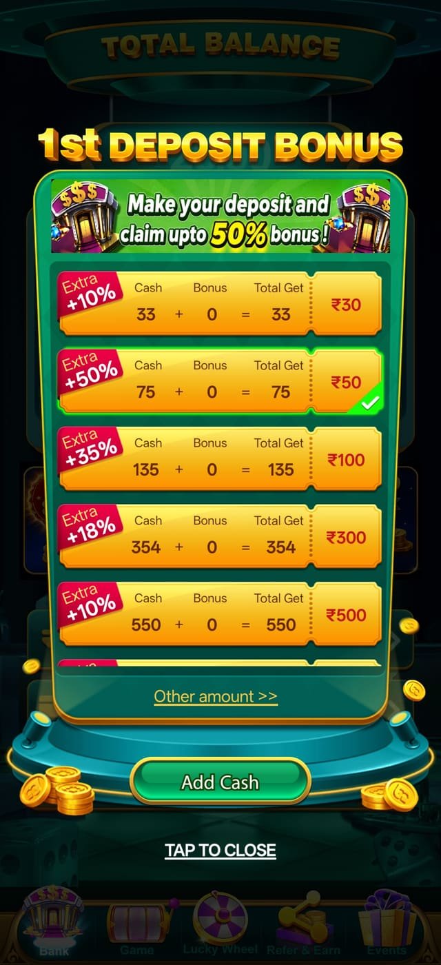 YonoRummy Game app first deposit bonus tiers