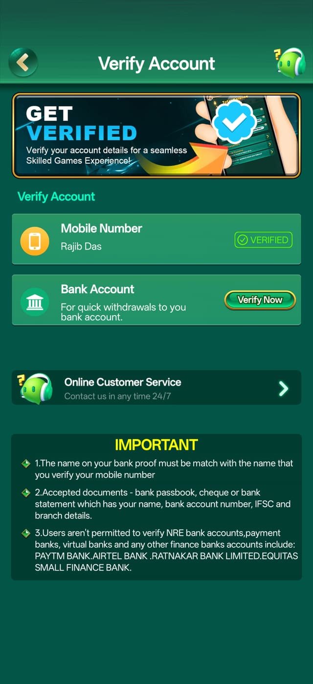 YonoRummy Game app account verification and security screen
